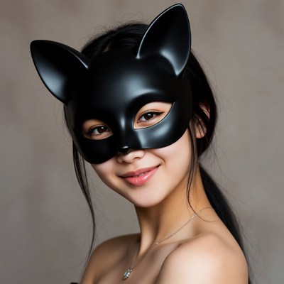 Asian woman wearing black cat mask