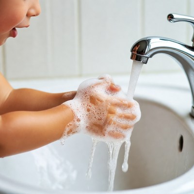 Asian toddler washing hands with soap