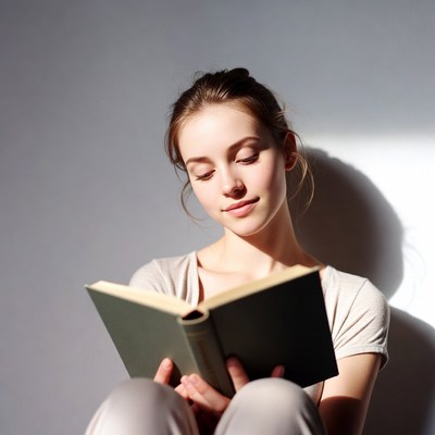 Young woman reading book by window