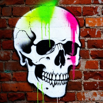 Colorful Graffiti Skull on Brick Wall