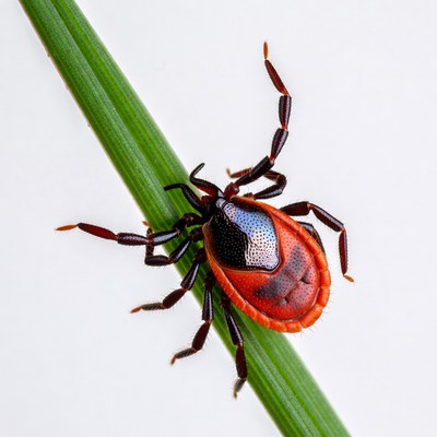 Red tick on green grass blade