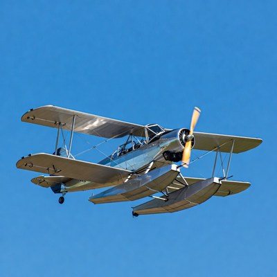 Silver Biplane Seaplane Flying