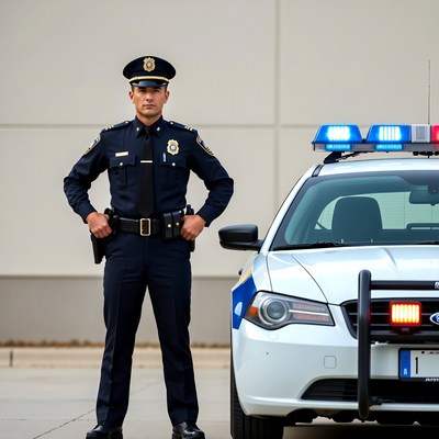 Policeman standing by patrol car