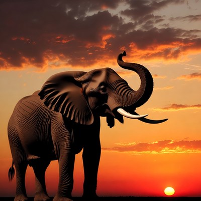 Elephant silhouetted against sunset