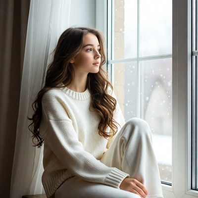 Woman gazing out snowy window