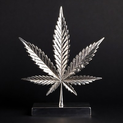Silver Marijuana Leaf on Black Base