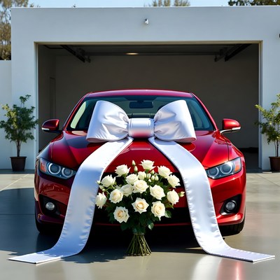 Red Car with Giant White Bow