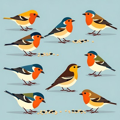 Colorful Bullfinches Eating Seeds