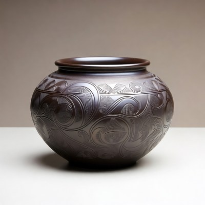 Carved Brown Ceramic Vase