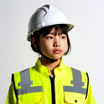 Asian girl in hard hat and vest