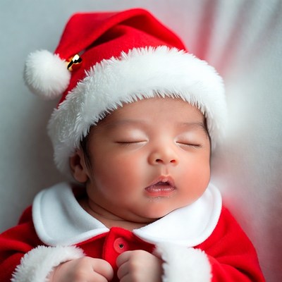 Sleeping Asian baby in Santa outfit