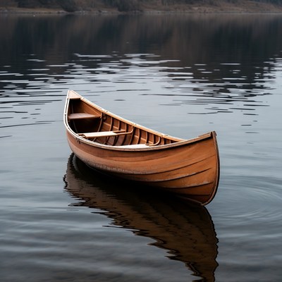 Wooden canoe on calm lake