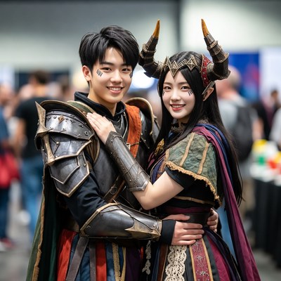 Asian couple in demon cosplay at convention