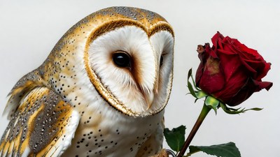 Barn Owl Holding Red Rose