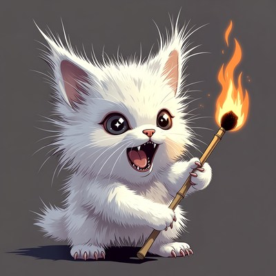 Cute white kitten holding torch