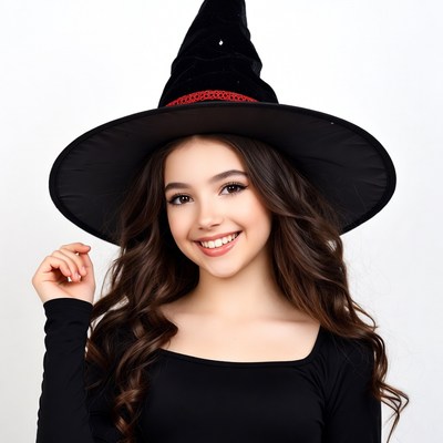 Girl smiling in black witch hat