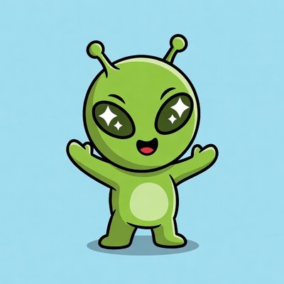 Cute green alien waving happily