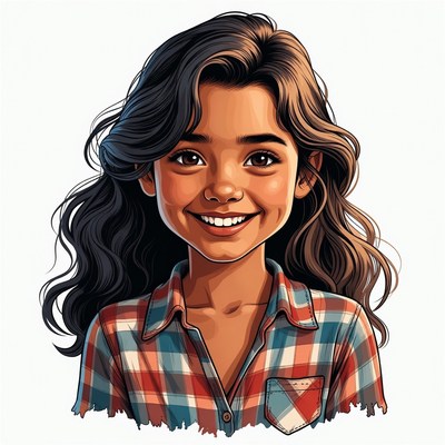 Smiling Asian girl in plaid shirt