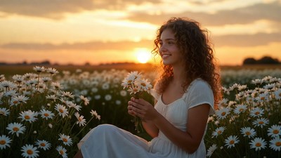 Woman holding daisies in field at sunset