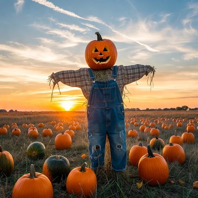 Jack-o'-lantern Scarecrow in Pumpkin Patch