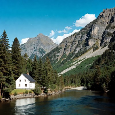 White Chalet by Mountain River