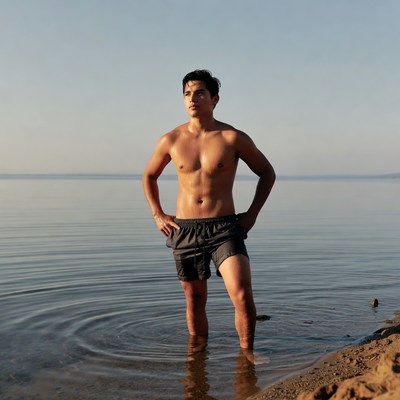 Shirtless Asian man standing in lake water