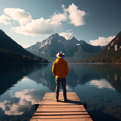 Man in hat on dock facing mountains lake