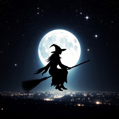 Silhouette Witch Flying on Broomstick