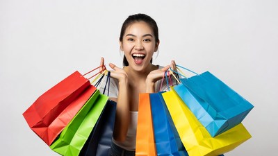 Asian woman holding colorful shopping bags