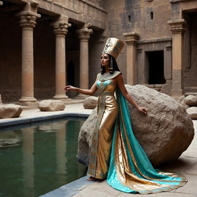 Egyptian woman in golden dress by pool