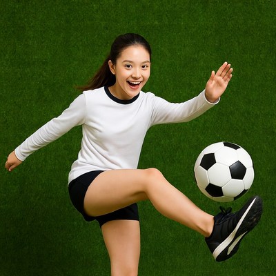 Asian girl kicking soccer ball