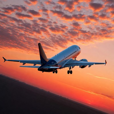 Airplane flying at sunset