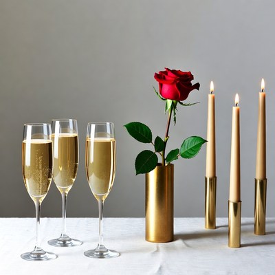Champagne Glasses with Rose and Candles