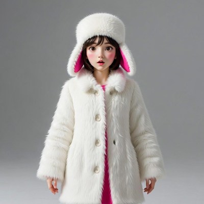 Asian girl in white fur hat and coat