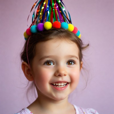 Girl wearing colorful birthday party hat