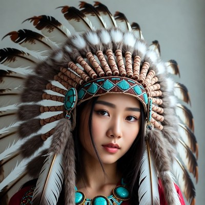 Asian woman in Native American headdress