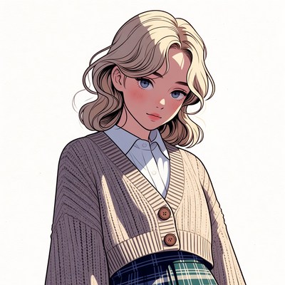 Blonde anime girl in cardigan skirt