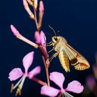 Orange moth on pink flowers