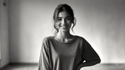 Smiling woman in loose t-shirt