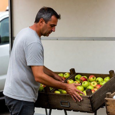 Man selecting green apples at market