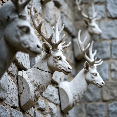 White deer head mounts on stone wall