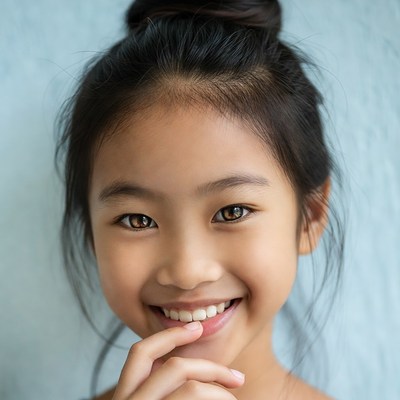 Asian girl smiling with finger on lips