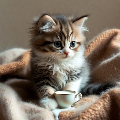 Kitten holding teacup