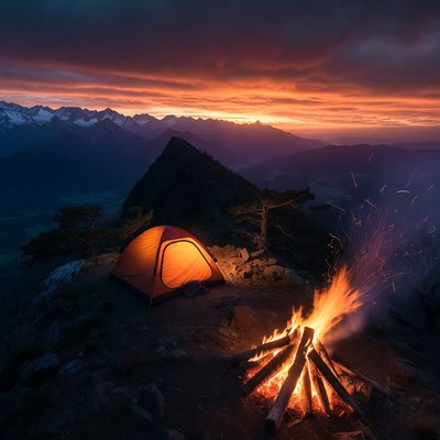 Orange tent campfire mountain sunset