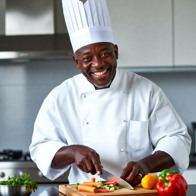 African-American chef chopping vegetables