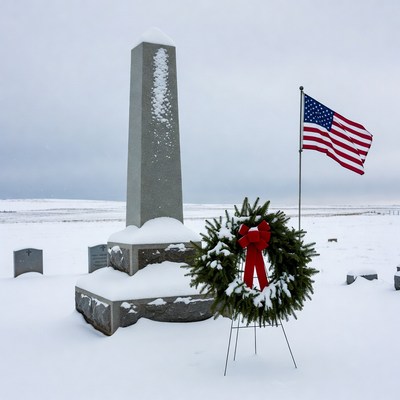Snowy Obelisk Grave with Wreath and Flag
