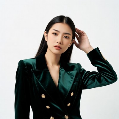 Asian woman in green velvet blazer