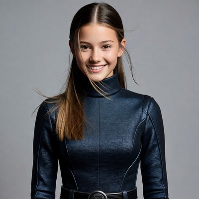 Teen girl smiling in navy turtleneck