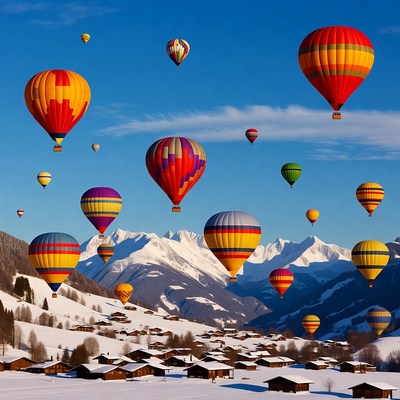 Colorful Hot Air Balloons over Snowy Mountains