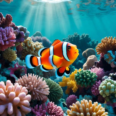 Clownfish swimming among coral reef